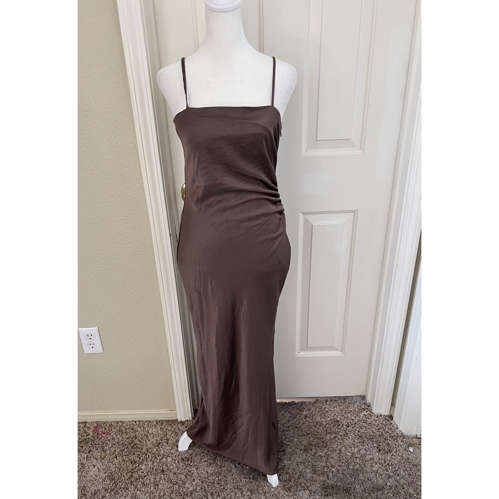 House of Harlow 1960 Satin Slip Dress Cinnamon Brown Women's Slit Size XS FLAW